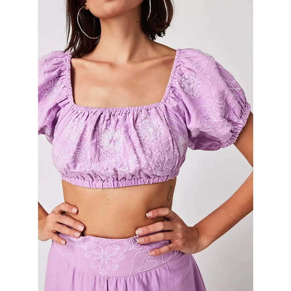 NEW FREE PEOPLE ORCHID PURPLE WHITE LOTUS MIDI SKIRT CROP TOP SET SZ M